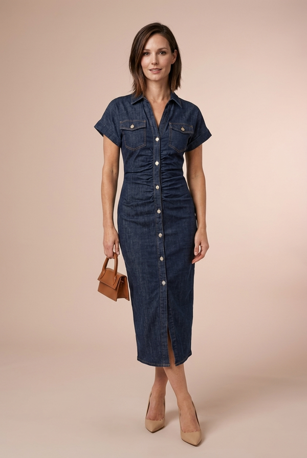 Maya | Midi Bodycon Kleid aus Denim mit Vorderknopf